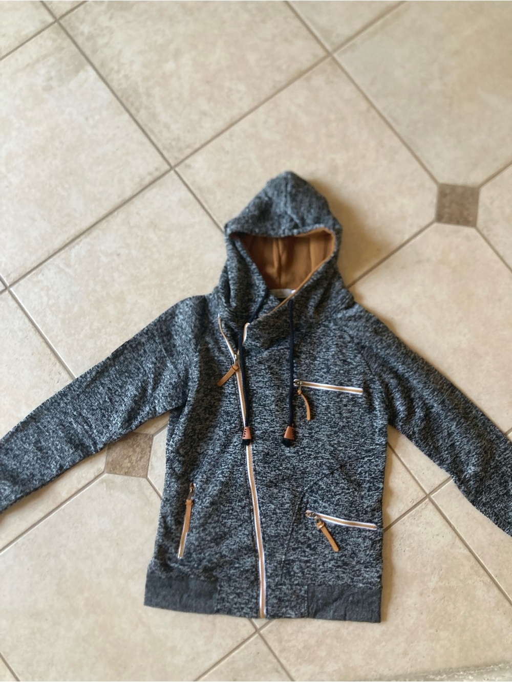 Men’s Heather Gray Hooded Zip Jacket with Tan Accents